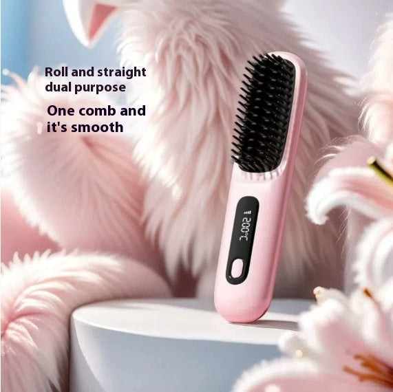 Wireless Hair Straightener Brush & Curler – 2-in-1 Fast Heating USB Comb