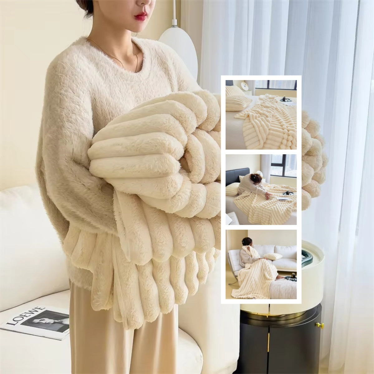 Double-Sided Bubble Velvet & Faux Rabbit Fur Blanket – Warm & Thick Throw