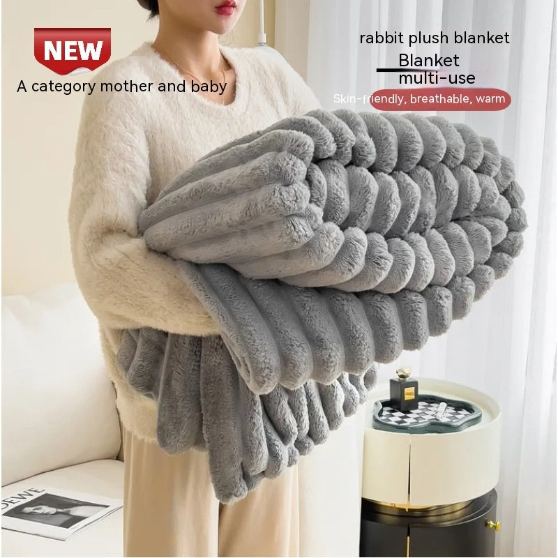 Double-Sided Bubble Velvet & Faux Rabbit Fur Blanket – Warm & Thick Throw