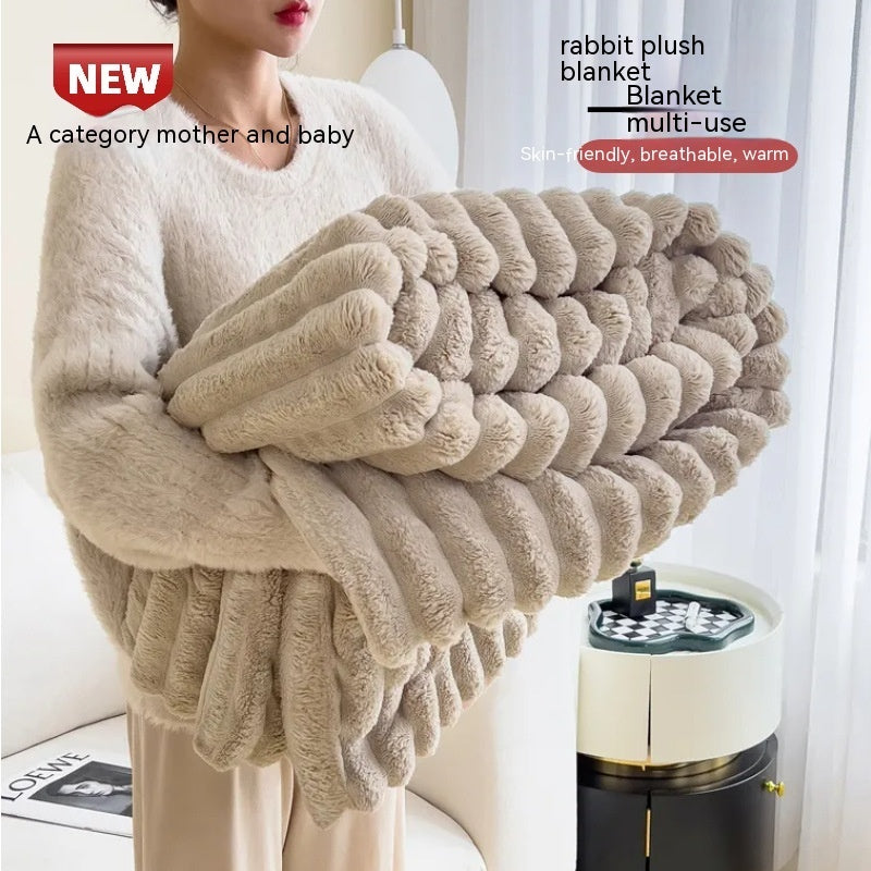 Double-Sided Bubble Velvet & Faux Rabbit Fur Blanket – Warm & Thick Throw