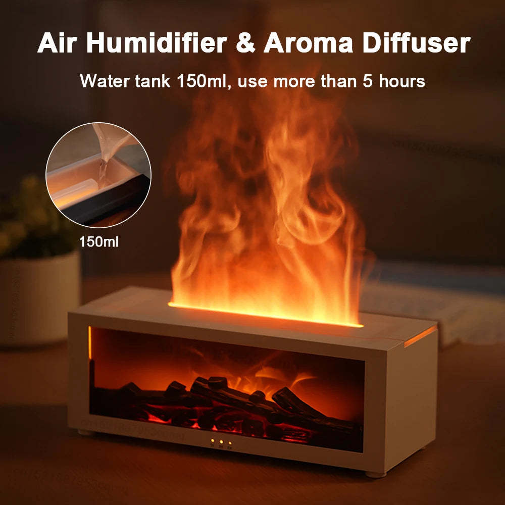 Flame Aromatherapy Essential Oil Diffuser & Ultrasonic Humidifier – 3D LED Fireplace Effect, Large Fog Volume, Colorful Home Air Purifier