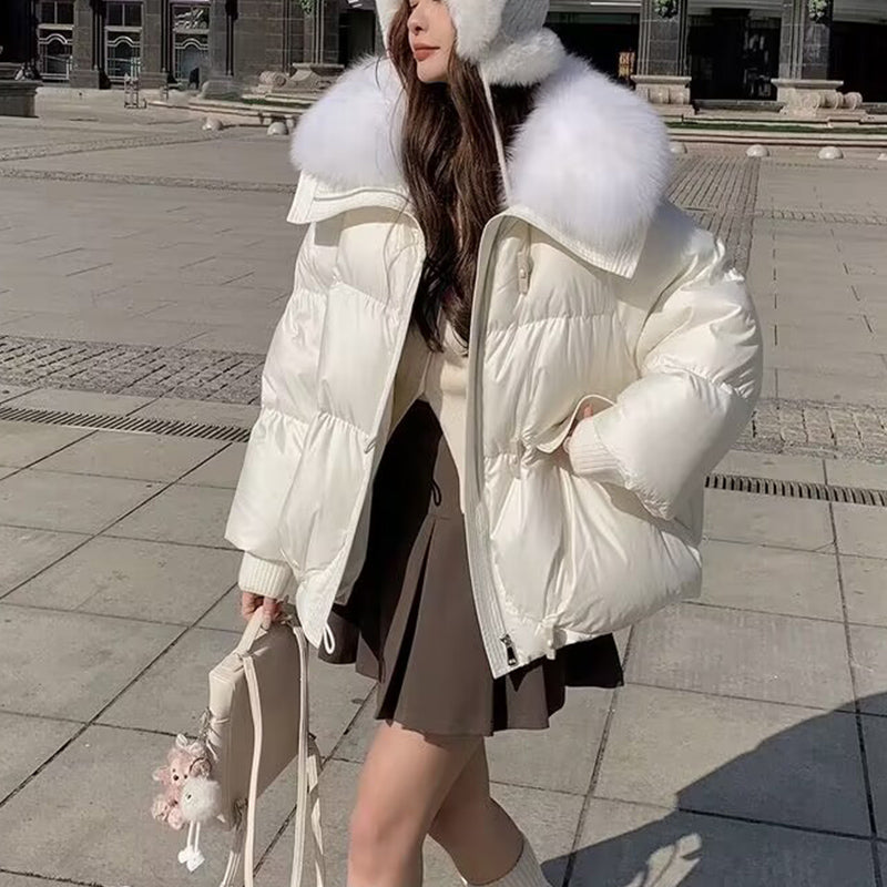 Women’s Short Puffer Jacket – Thickened Winter Coat with Fur Collar, Warm Cotton-Padded Outerwear