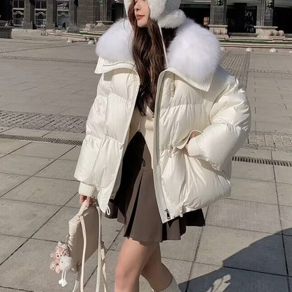 Women’s Short Puffer Jacket – Thickened Winter Coat with Fur Collar, Warm Cotton-Padded Outerwear