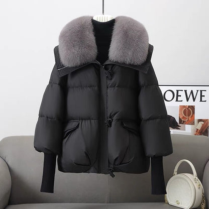 Women’s Short Puffer Jacket – Thickened Winter Coat with Fur Collar, Warm Cotton-Padded Outerwear