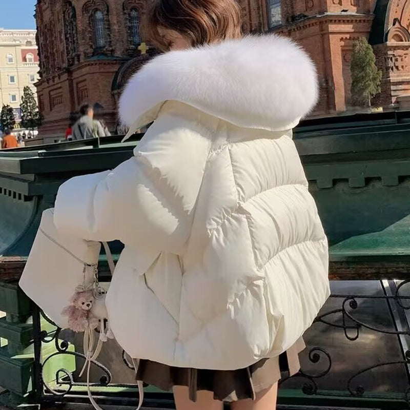 Women’s Short Puffer Jacket – Thickened Winter Coat with Fur Collar, Warm Cotton-Padded Outerwear