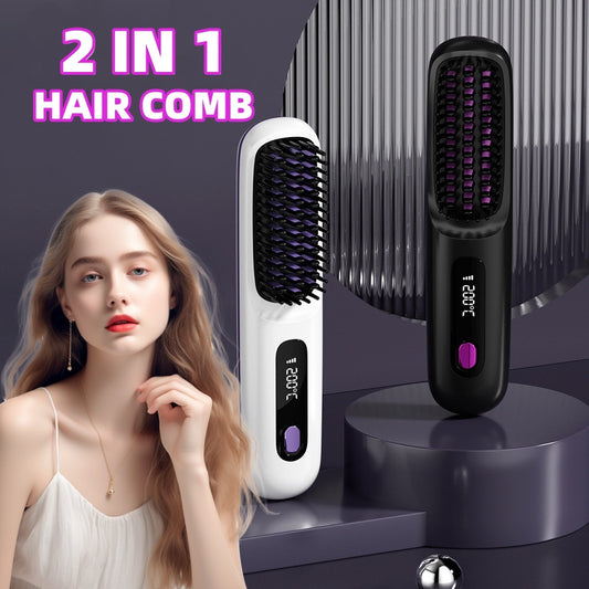 Wireless Hair Straightener Brush & Curler – 2-in-1 Fast Heating USB Comb
